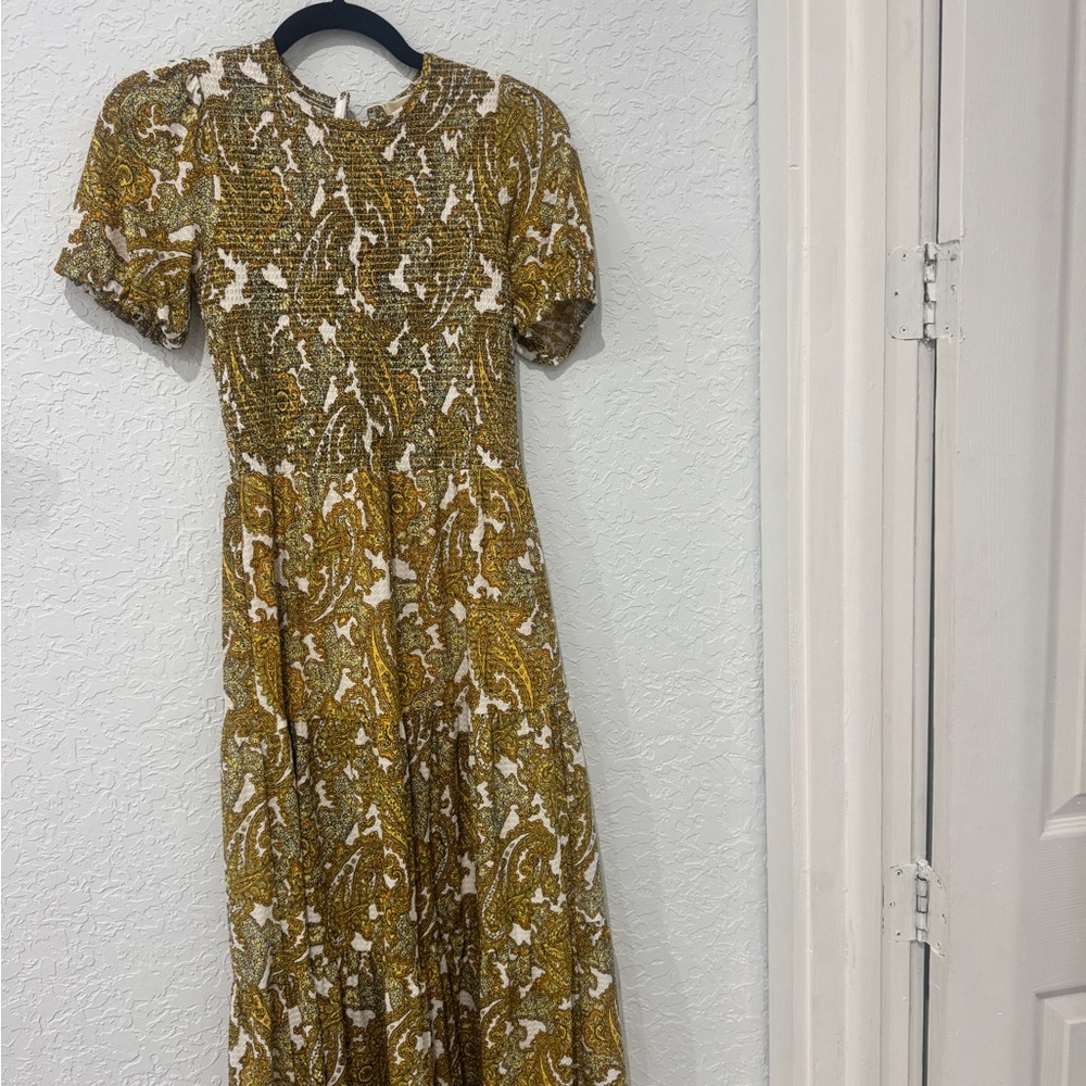 Smocked Paisley Maxi Dress in Mustard and Cream
